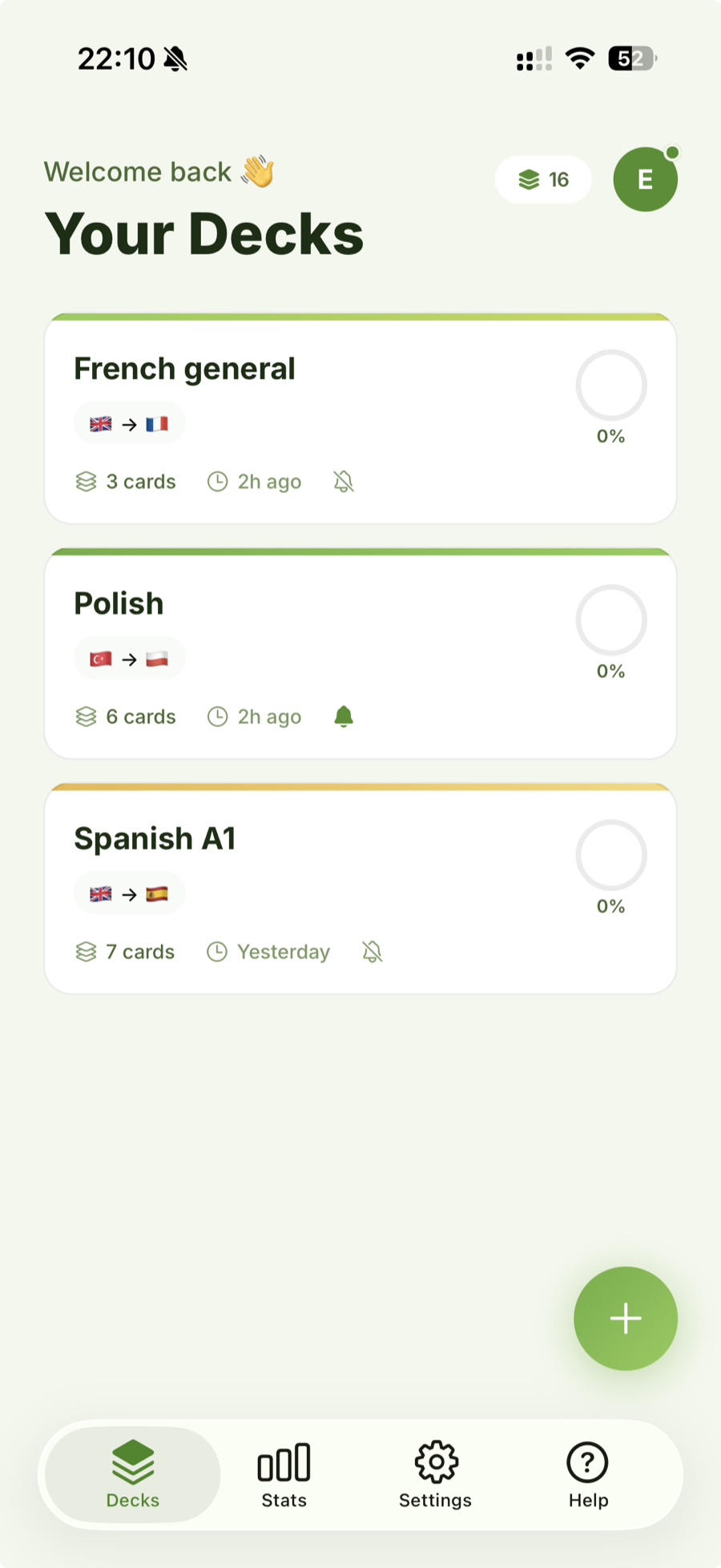 Vokado home screen listing your French, Polish, and Spanish decks