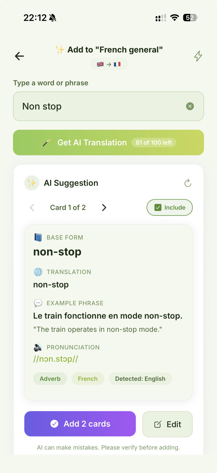 AI generating a flashcard from a typed word, powered by Gemini