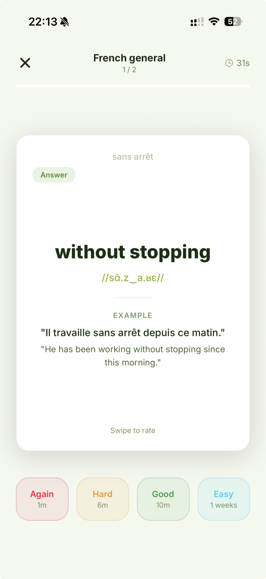 Flashcard answer with example sentence and Again/Hard/Good/Easy rating buttons