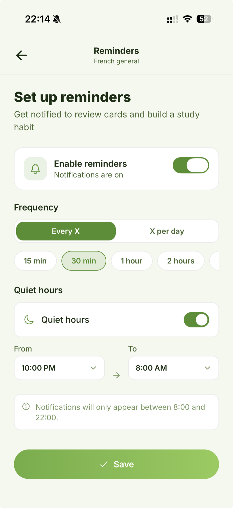 Reminder settings with frequency and quiet hours