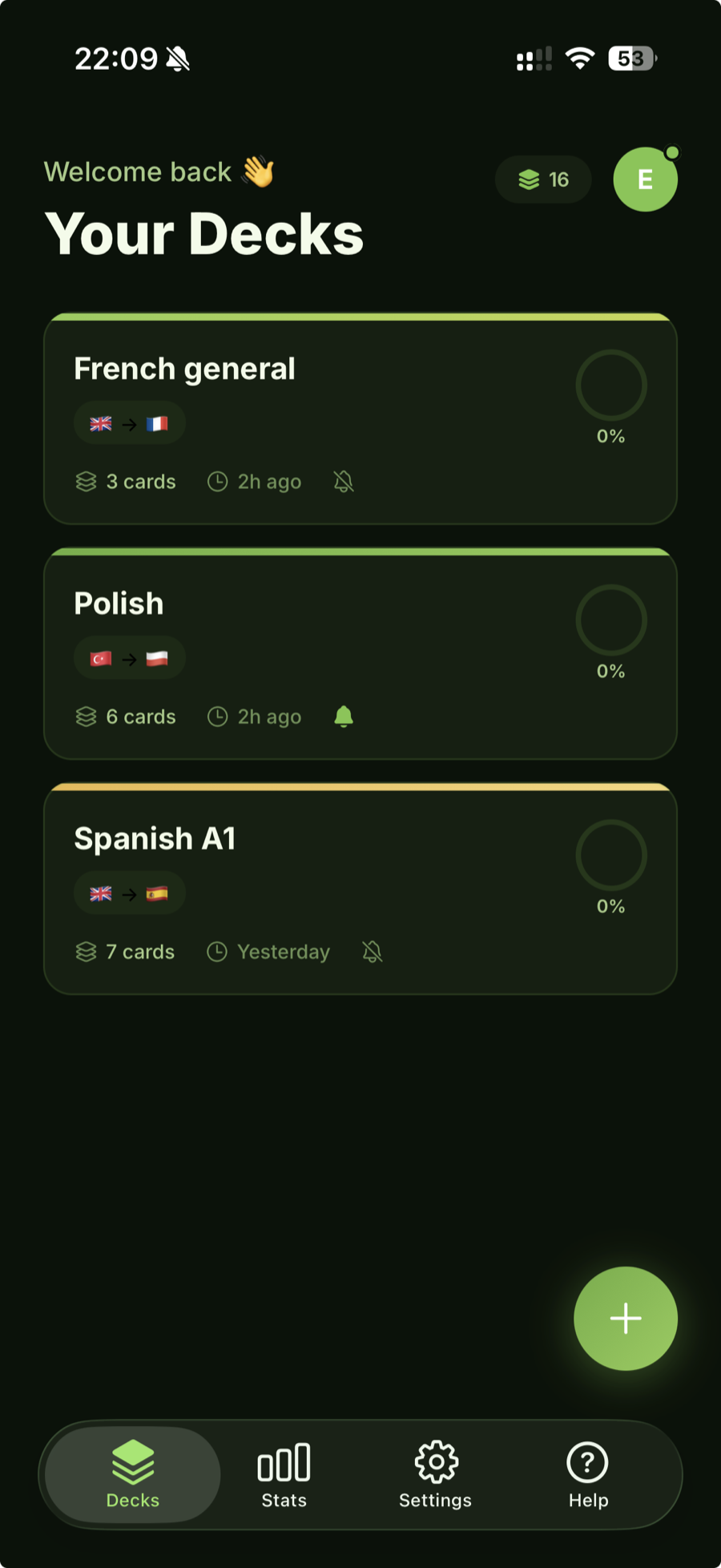 The decks home screen in dark mode